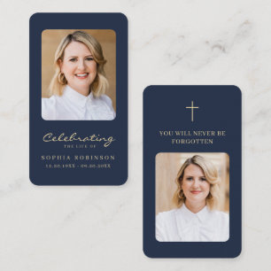 2 Photo Gold Script Funeral Blue Prayer Card