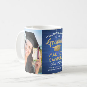 2 Photo Graduation Brushed Blue Gold and White Coffee Mug
