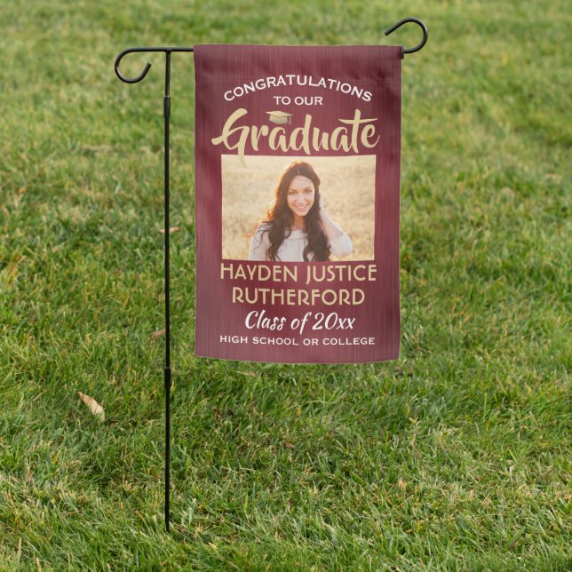 2 Photo Graduation Brushed Burgundy Red Gold White Garden Flag (In SItu)