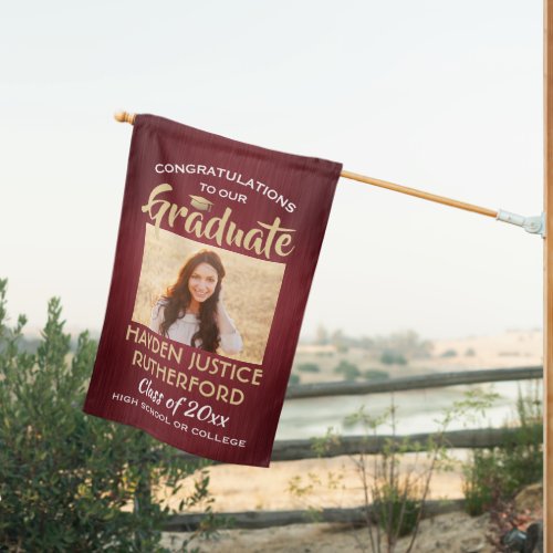 2 Photo Graduation Brushed Burgundy Red Gold White House Flag