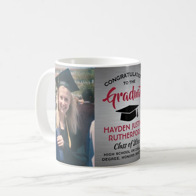 2 Photo Graduation Brushed Gray Red and Black Coffee Mug (Front Left)