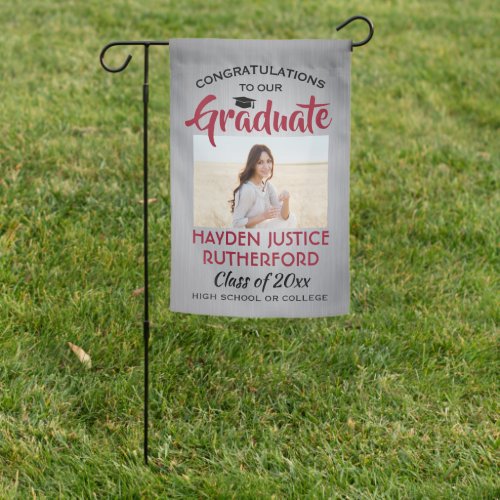 2 Photo Graduation Brushed Gray Red and White Garden Flag