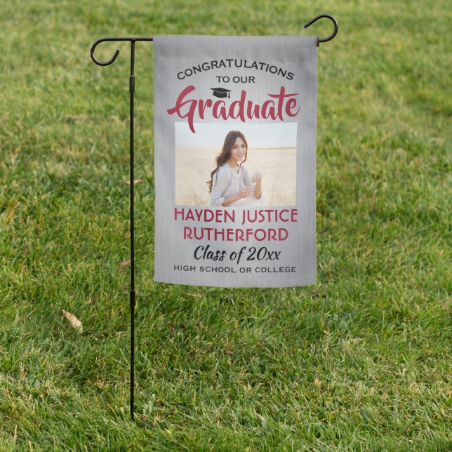2 Photo Graduation Brushed Gray Red and White Garden Flag (In SItu)