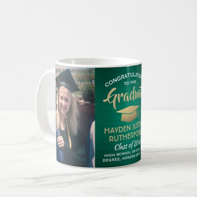 2 Photo Graduation Brushed Green Gold and White Coffee Mug (Front Left)