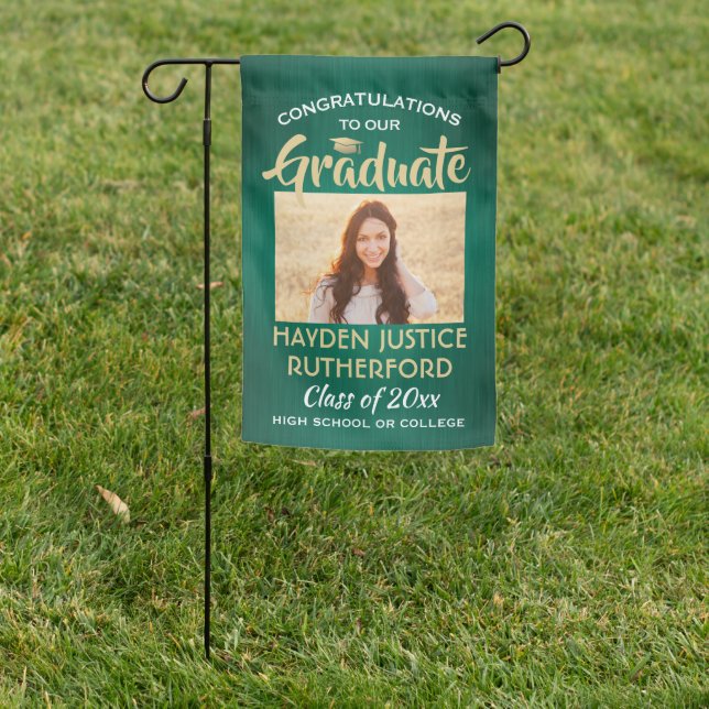 2 Photo Graduation Brushed Green Gold and White Garden Flag (In SItu)