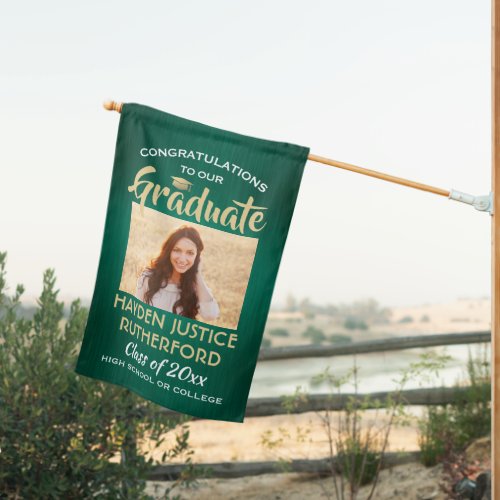 2 Photo Graduation Brushed Green Gold and White House Flag