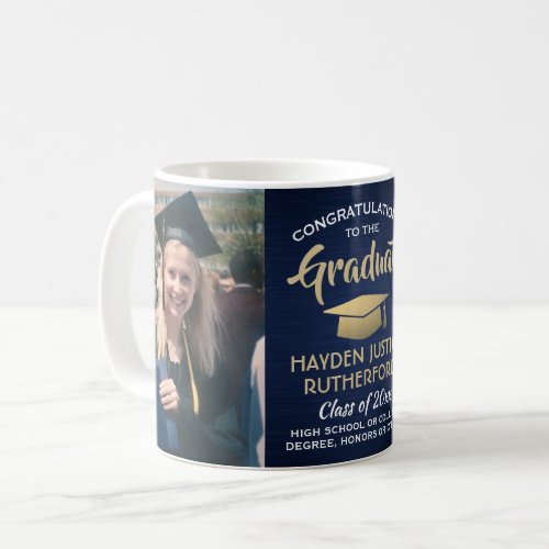 2 Photo Graduation Brushed Navy Blue Gold  White Coffee Mug