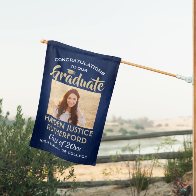 2 Photo Graduation Brushed Navy Blue Gold & White House Flag (Insitu (Back))