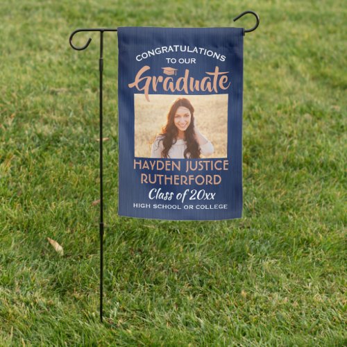 2 Photo Graduation Brushed Navy Blue White Copper Garden Flag