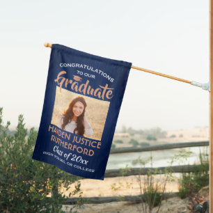 2 Photo Graduation Brushed Navy Blue White Copper House Flag