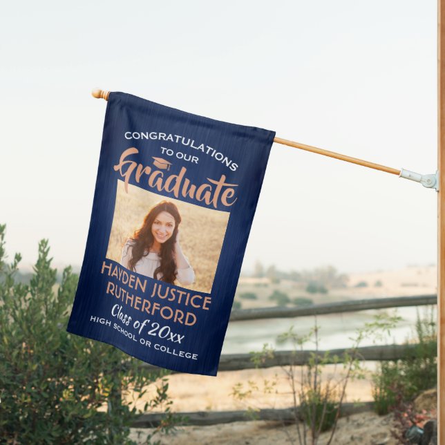 2 Photo Graduation Brushed Navy Blue White Copper House Flag (Insitu (Back))