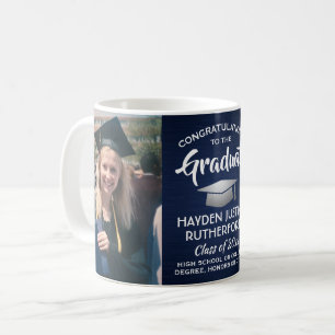 2 Photo Graduation Brushed Navy Blue White Silver Coffee Mug