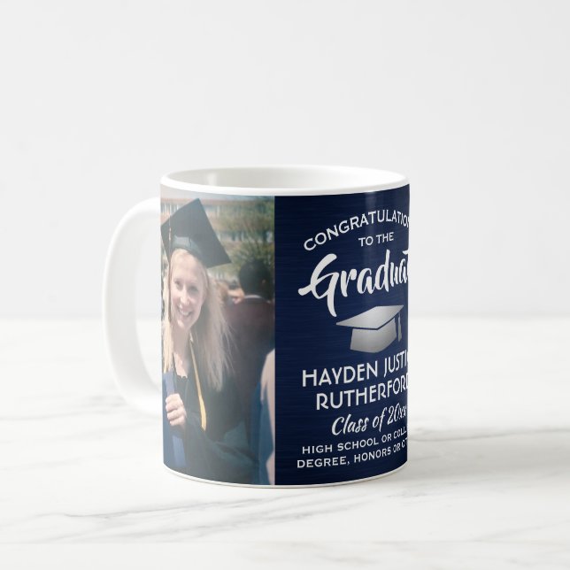 2 Photo Graduation Brushed Navy Blue White Silver Coffee Mug (Front Left)