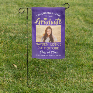 2 Photo Graduation Brushed Purple Gold and White Garden Flag