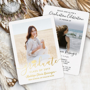 2 Photo Graduation Celebration Modern Script Foil Invitation