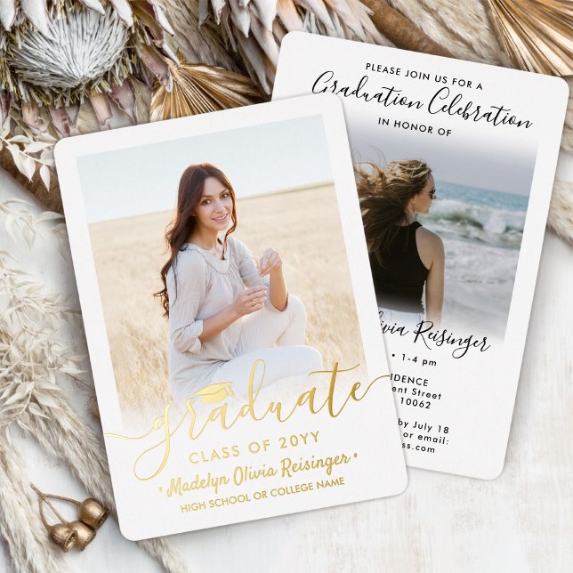 2 Photo Graduation Celebration Modern Script Foil Invitation (Creator Uploaded)