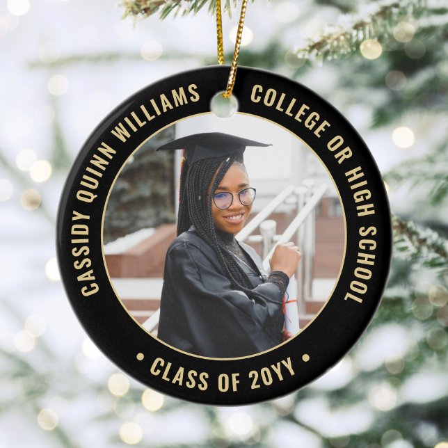2 Photo Graduation Class Year & School Black Gold Ceramic Ornament (Creator Uploaded)