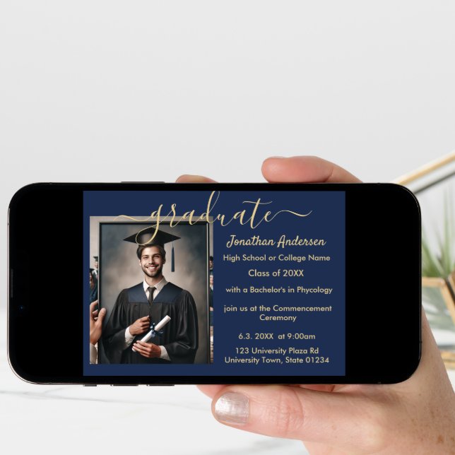 2 Photo Graduation Collage Script Navy Blue & Gold Announcement (Front Digital)