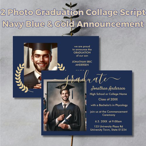 2 Photo Graduation Collage Script Navy Blue  Gold Announcement