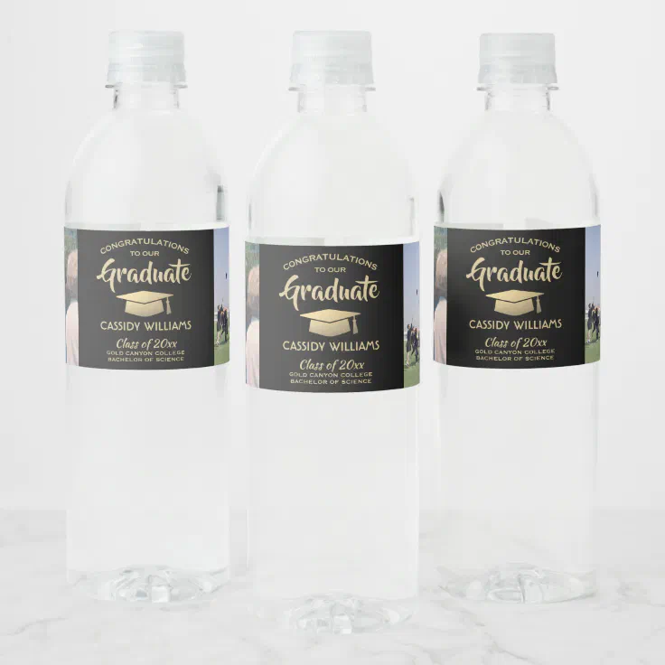 2 Photo Graduation Congrats Black and Gold Party Water Bottle Label