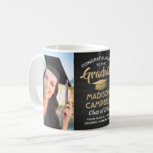 2 Photo Graduation Congrats Brushed Black and Gold Coffee Mug