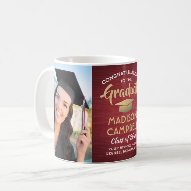 2 Photo Graduation Congrats Brushed Burgundy Gold Coffee Mug (Front Left)