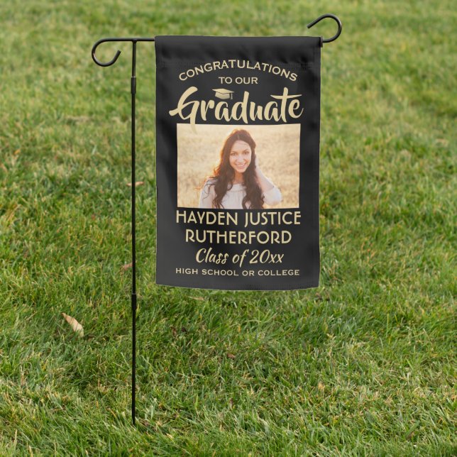 2 Photo Graduation Congrats Elegant Black and Gold Garden Flag (In SItu)