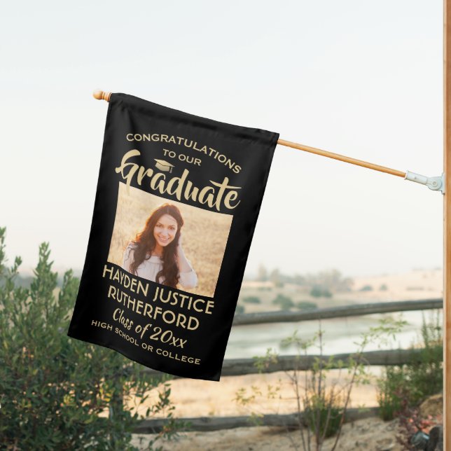 2 Photo Graduation Congrats Elegant Black and Gold House Flag (Insitu (Back))