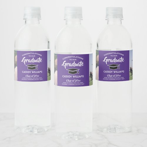 2 Photo Graduation Congrats Elegant Purple  White Water Bottle Label