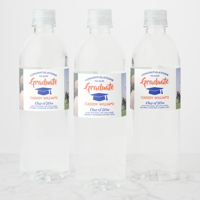 2 Photo Graduation Congrats Modern Orange and Blue Water Bottle Label (Bottles)
