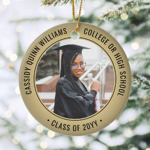 2 Photo Graduation Elegant Black & Gold Faux Foil Ceramic Ornament
