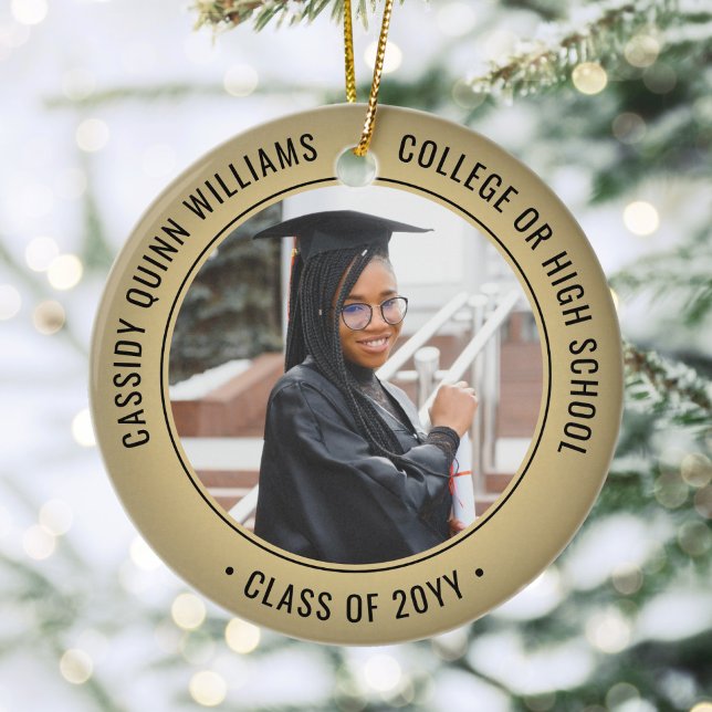 2 Photo Graduation Elegant Black & Gold Faux Foil Ceramic Ornament (Creator Uploaded)