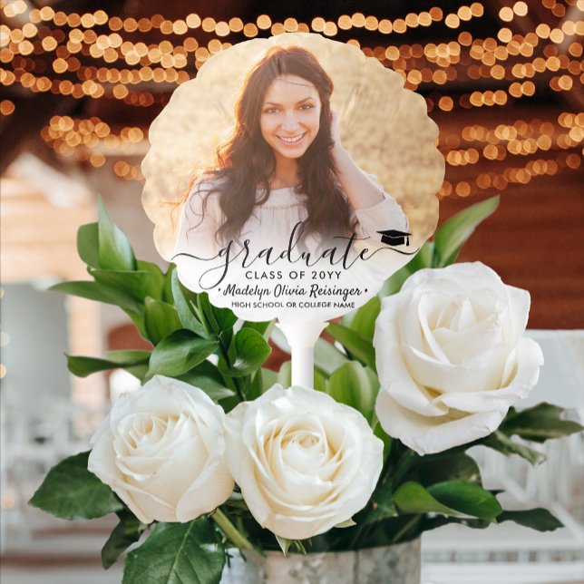 2 Photo Graduation Elegant Black Script Class Year Balloon (Creator Uploaded)