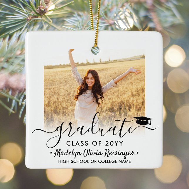 2 Photo Graduation Elegant Black Script Class Year Ceramic Ornament (Creator Uploaded)