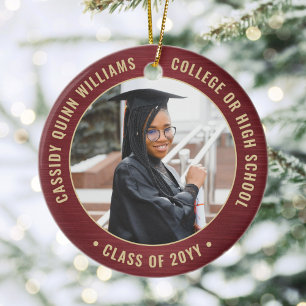 2 Photo Graduation Elegant Brushed Burgundy & Gold Ceramic Ornament