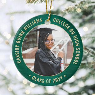 2 Photo Graduation Elegant Brushed Green and Gold Ceramic Ornament