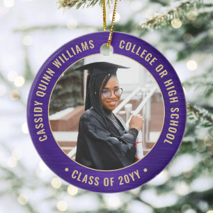 2 Photo Graduation Elegant Brushed Purple and Gold Ceramic Ornament