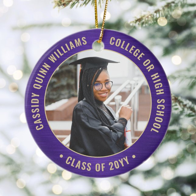 2 Photo Graduation Elegant Brushed Purple and Gold Ceramic Ornament (Creator Uploaded)