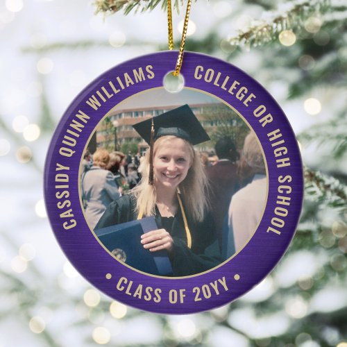 2 Photo Graduation Elegant Brushed Purple and Gold Ceramic Ornament