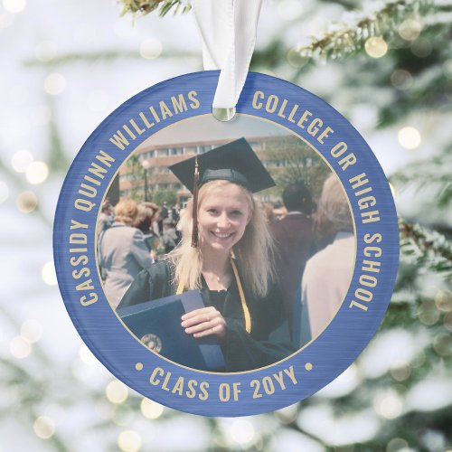 2 Photo Graduation Elegant Brushed Royal Blue Gold Ornament