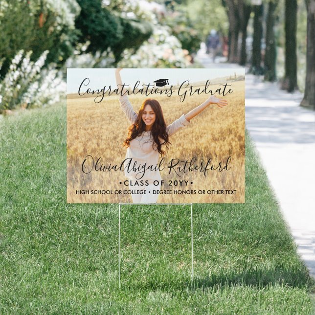 2 Photo Graduation Elegant Chic Black Script Yard Sign (Creator Uploaded)