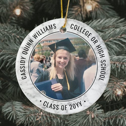 2 Photo Graduation Elegant Faux Marble Black White Ceramic Ornament