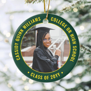 2 Photo Graduation Elegant Green and Gold Ceramic Ornament