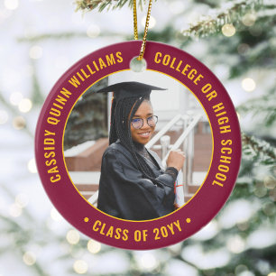 2 Photo Graduation Elegant Maroon Red and Gold Ceramic Ornament