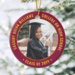 2 Photo Graduation Elegant Maroon Red Gold Yellow Ceramic Ornament<br><div class="desc">Commemorate the graduate's achievement with an elegant maroon and gold yellow custom two photo graduation round ceramic Christmas ornament. Pictures and all text are simple to customize and can be different on front and back. (IMAGE & TEXT DESIGN TIPS: 1) To adjust position of wording, add spaces at beginning or...</div>