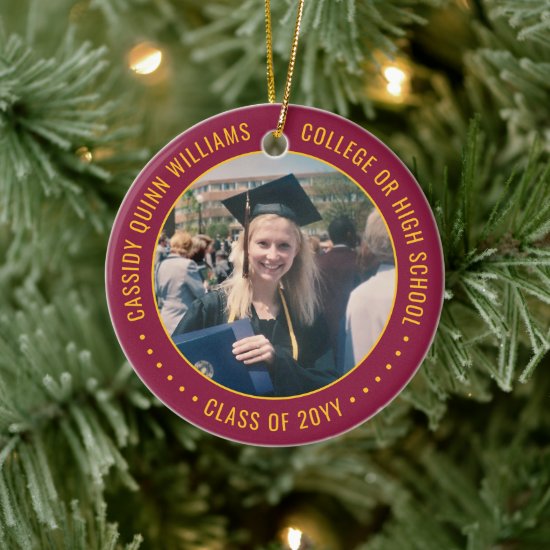 2 Photo Graduation Elegant Maroon Red Gold Yellow Ceramic Ornament