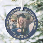 2 Photo Graduation Elegant Modern Navy Blue & Gold Ornament<br><div class="desc">Commemorate graduation day with a custom 2 photo navy blue and gold round acrylic Christmas ornament. Pictures and all text are simple to customize and can be different on front and back. (IMAGE & TEXT DESIGN TIPS: 1) To adjust position of wording, add spaces at beginning or end. 2) To...</div>