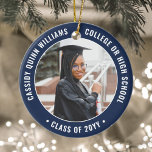 2 Photo Graduation Elegant Modern Navy Blue White Ceramic Ornament<br><div class="desc">Commemorate the graduate's achievement with an elegant navy blue and white custom two photo round graduation Christmas ornament. Pictures and all text are simple to customize and can be different on front and back. (IMAGE & TEXT DESIGN TIPS: 1) To adjust position of wording, add spaces at beginning or end....</div>