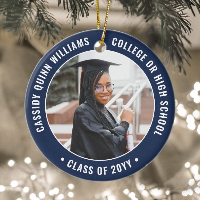 2 Photo Graduation Elegant Modern Navy Blue White Ceramic Ornament (Creator Uploaded)