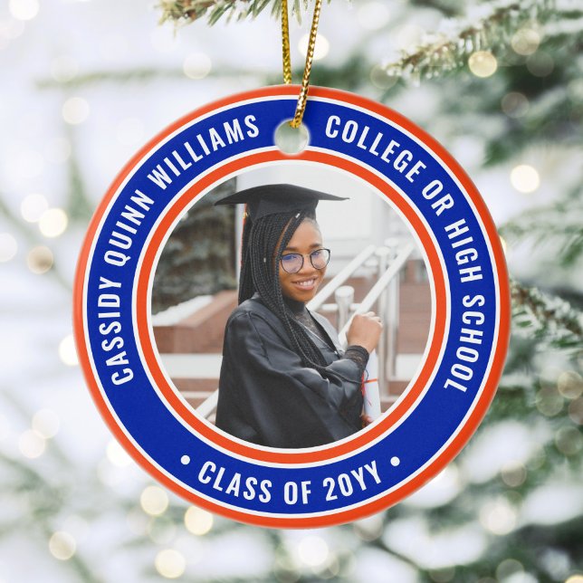 2 Photo Graduation Elegant Modern Orange and Blue Ceramic Ornament (Creator Uploaded)